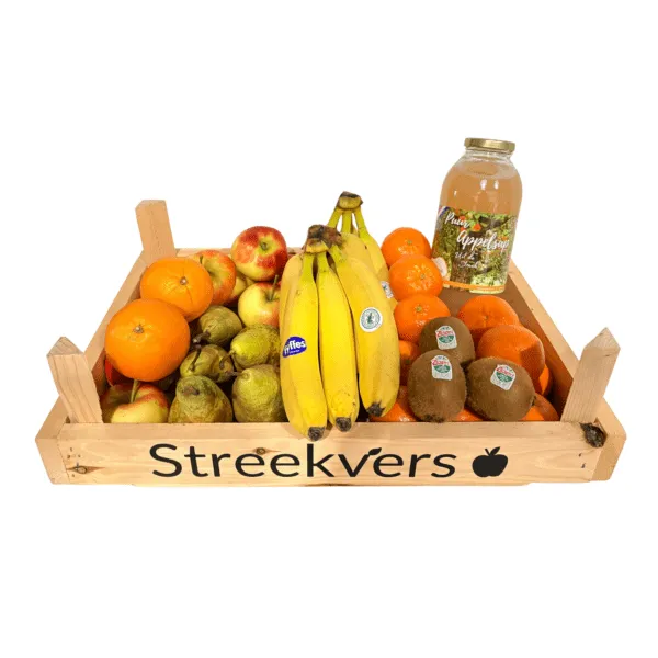Lage fruitkrat met basis fruit en sap